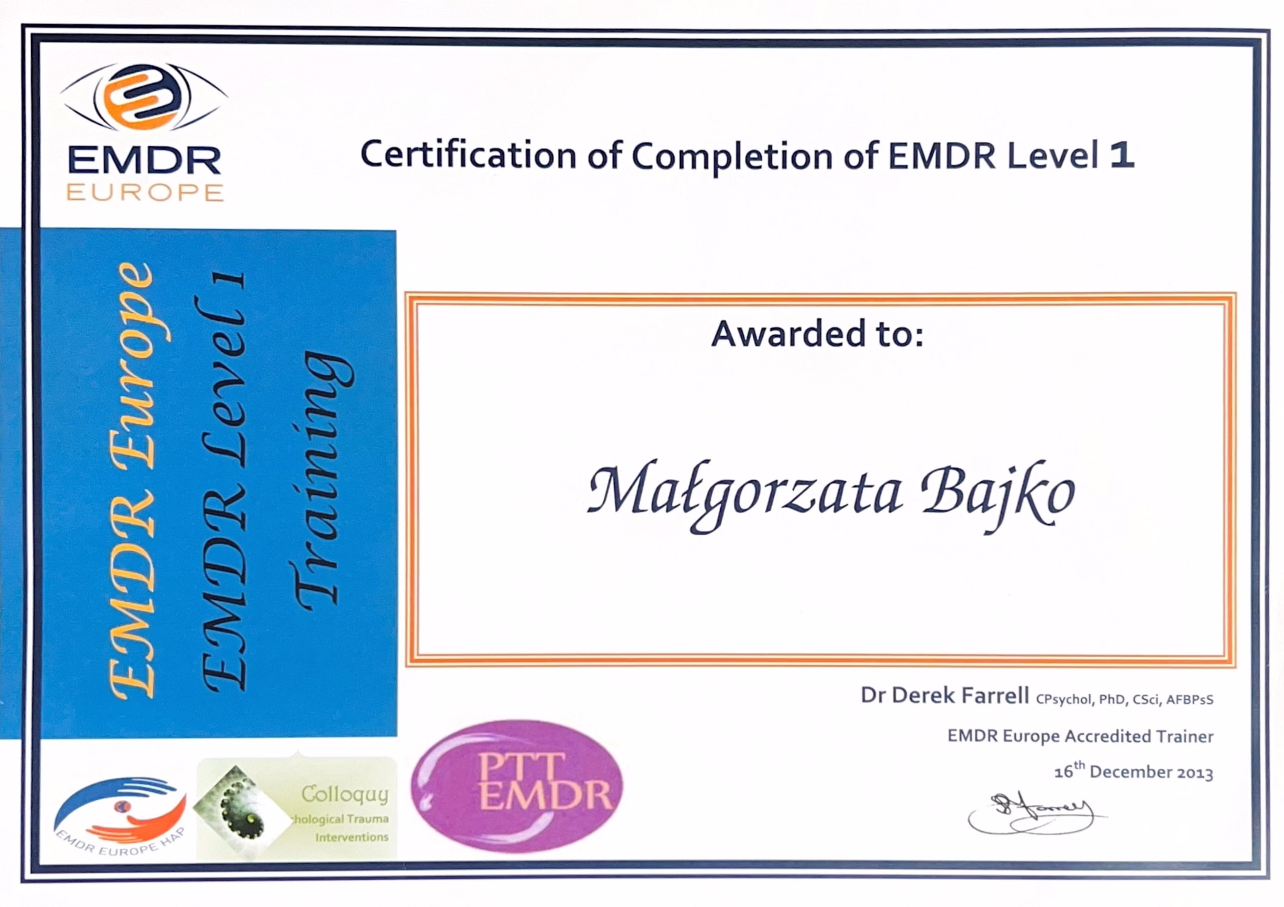 Certyfikat EMDR Europe Level 1