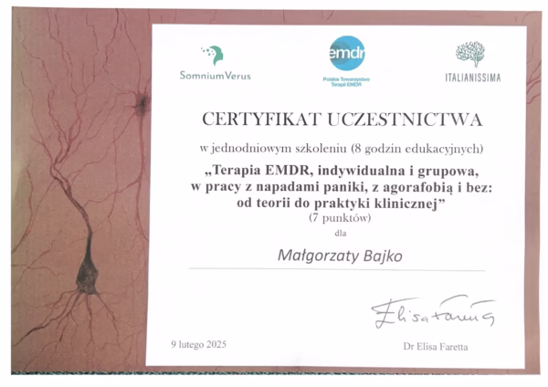 Specjalistyczne szkolenie: Terapia EMDR w pracy z napadami paniki i agorafobią
